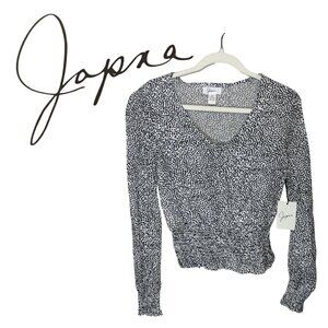 Japna Black White Print Blouson Top Small V Neck Smocked Waist NWT Boho